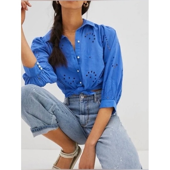 Anthropologie Tops - Anthropologie Forever That Girl Blue Puff Sleeve Cotton Eyelet Button Down